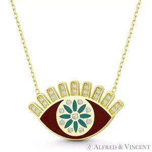 Evil Eye w/ Lashes Luck Charm Enamel & CZ Crystal Pendant in 925 Sterling Silver
